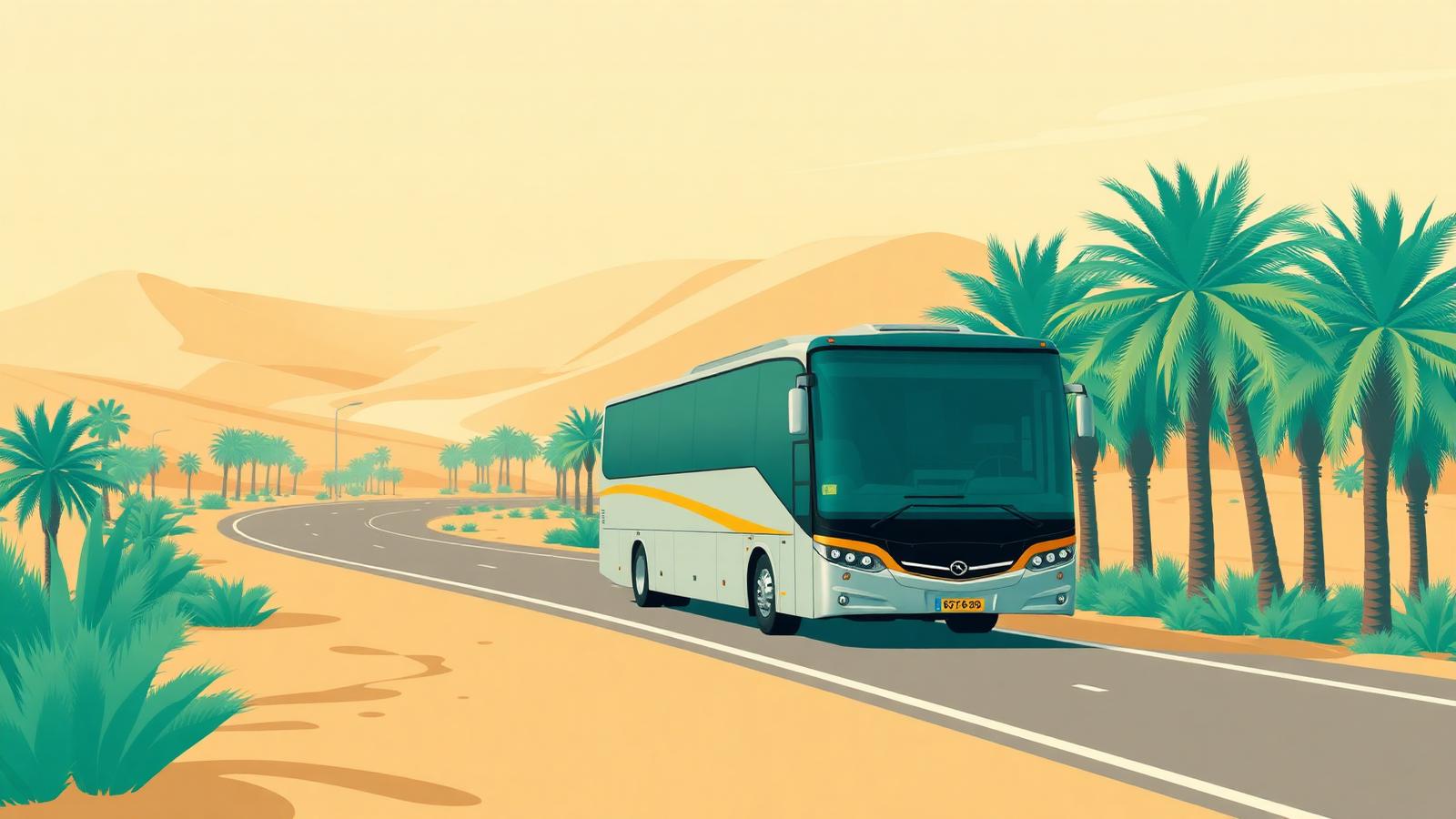 حافلة حديثة في طريقها من الأحساء إلى البحرين بين نخيل الواحة
