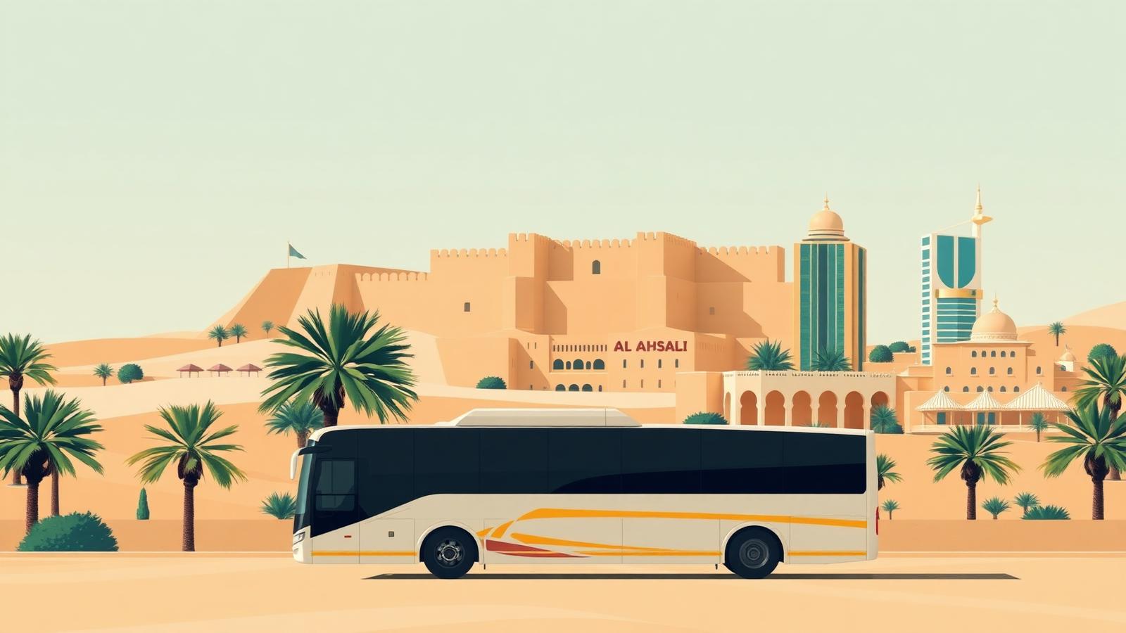 حافلة البحرين أمام معالم مدينة الأحساء ونخيلها