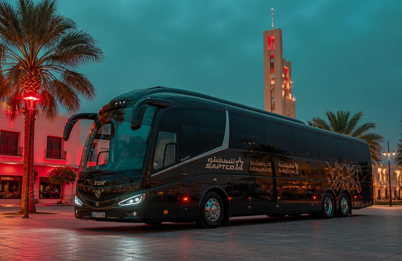 Bahrain Bus coach waiting in central Abqaiq at dusk