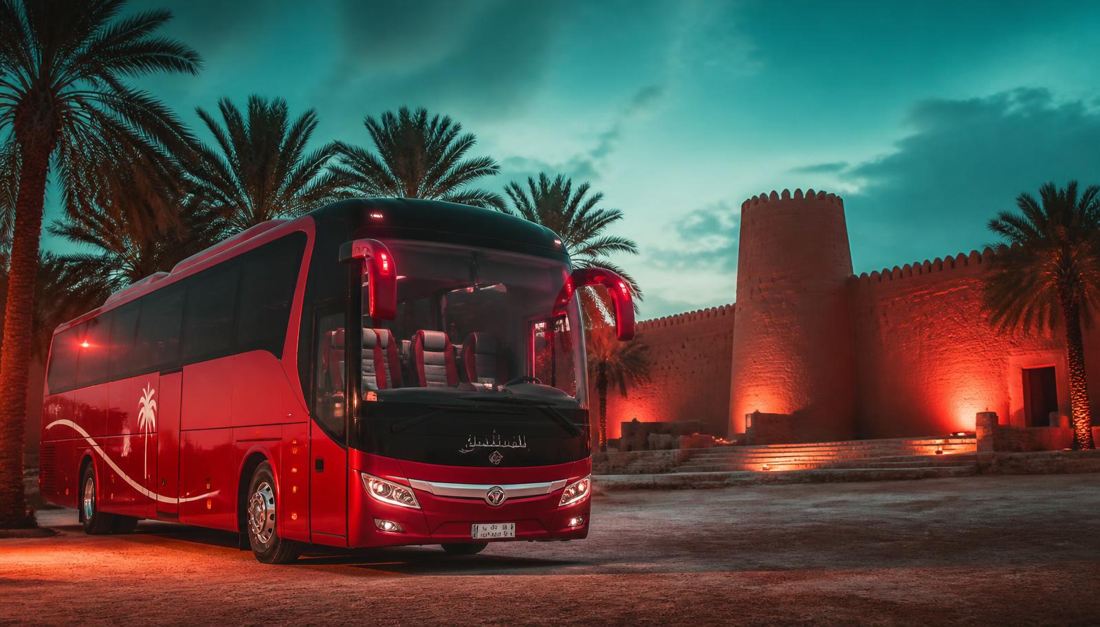 Bahrain Bus coach beside the palm groves and heritage fort of Al Ahsa at dusk