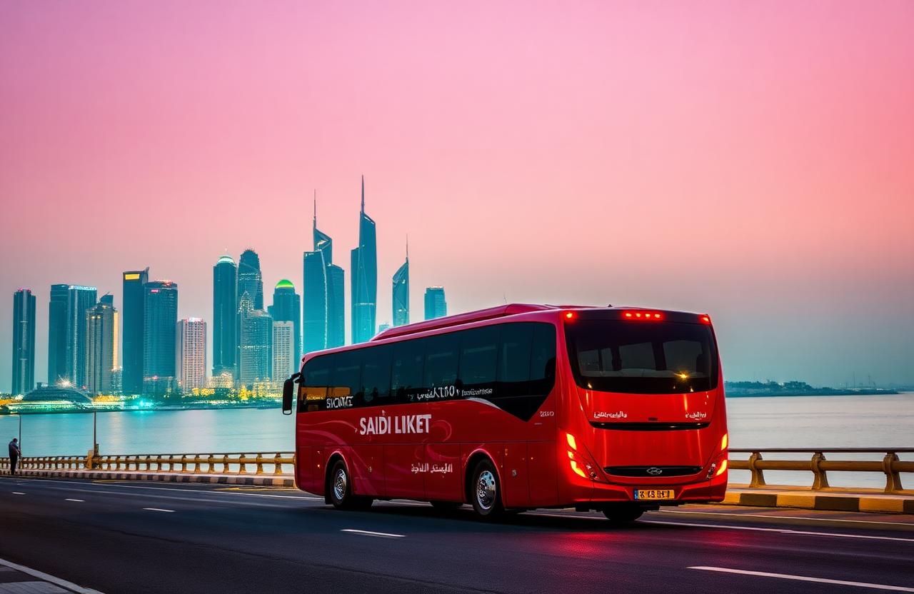 Bahrain Bus coach beside the Dammam waterfront skyline at dusk