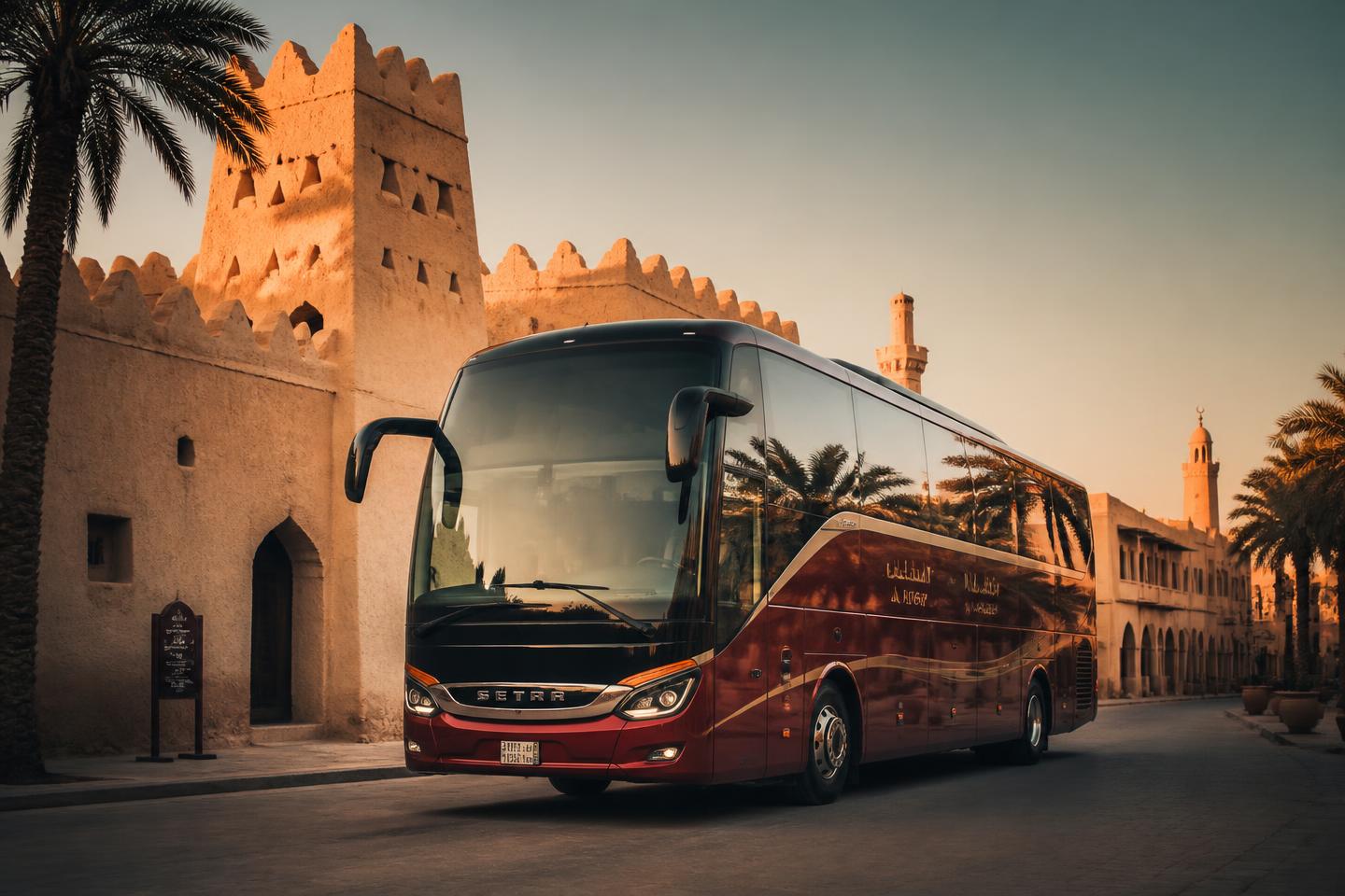 Bahrain Bus coach waiting beside heritage architecture in old Hofuf