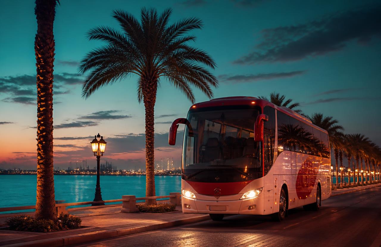 Bahrain Bus coach beside the Jubail waterfront corniche at dusk