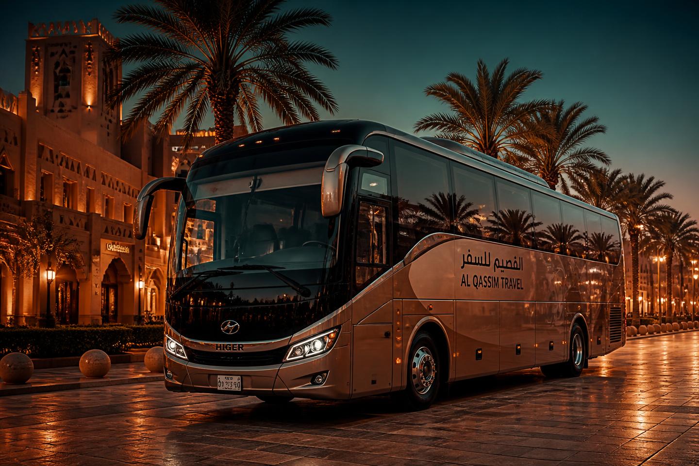 Bahrain Bus coach waiting on a palm-lined boulevard in Buraidah, Qassim
