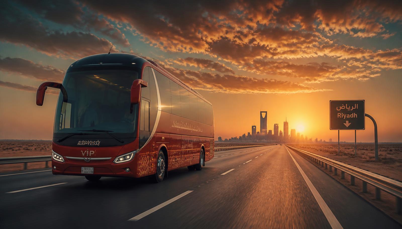 Modern coach travelling the highway from Riyadh towards Bahrain