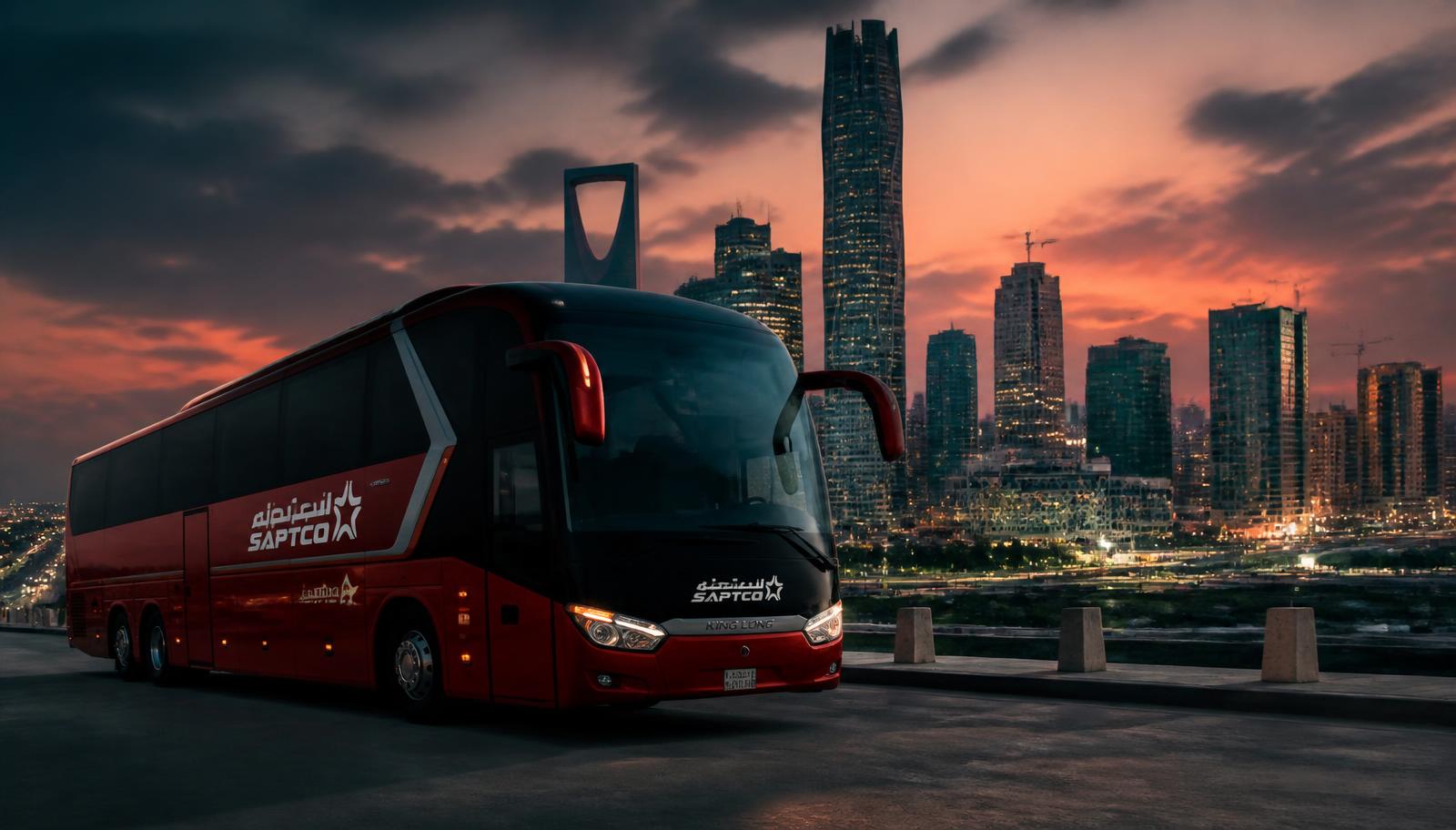 Bahrain Bus coach in front of the Riyadh skyline at dusk