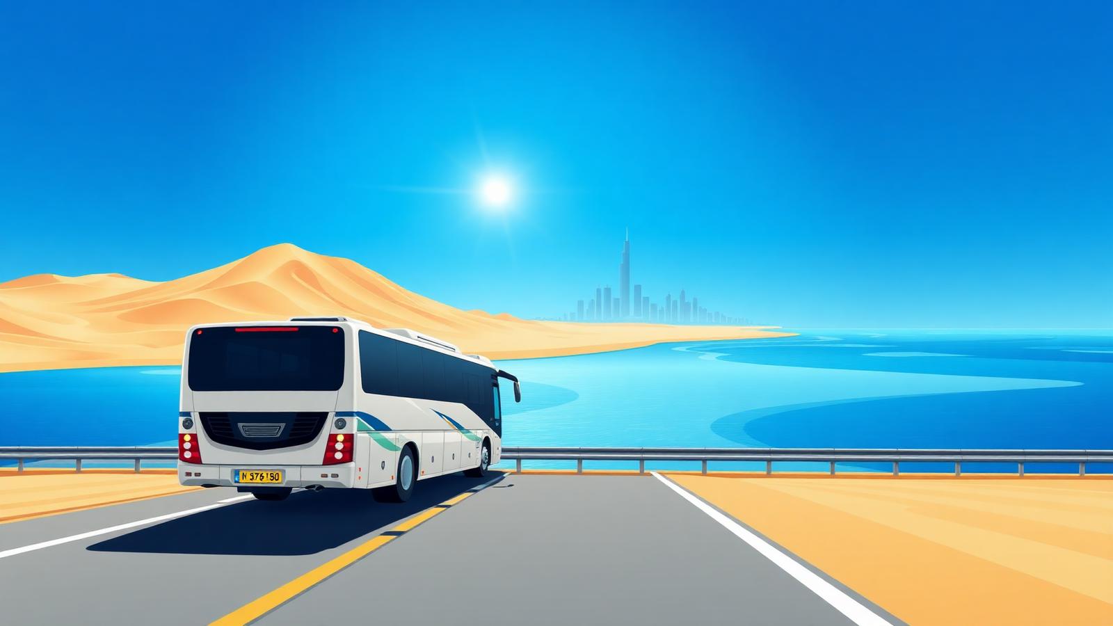 باص حديث في طريقه من الرياض إلى البحرين على الطريق السريع
